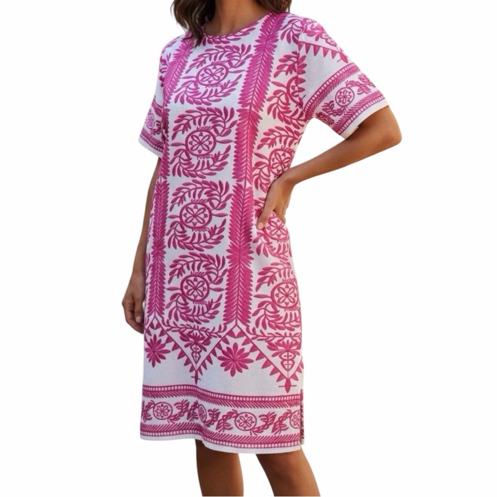 Lulu's Fuchsia and White Geometric Midi Dress